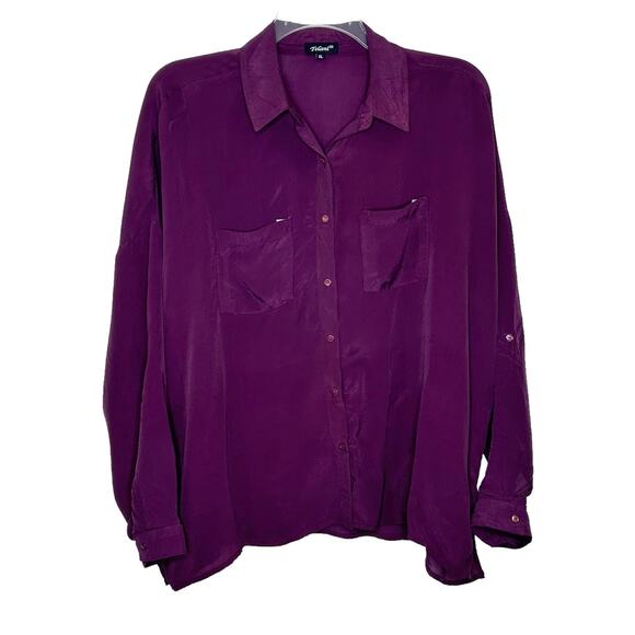Tolani Purple 100% Cupro Button Up Roll Tab Long Sleeve Blouse - Picture 1 of 8